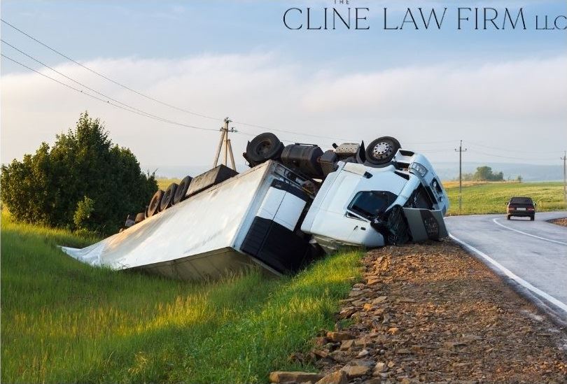 A semi truck flipped over on the side of the road